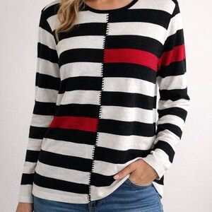 Kasper Black and White Striped Top with Red Highlights